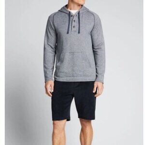 Vince. Small Oversized Fit Coastal Blue Terry Lined Striped Hooded Henley Shirt